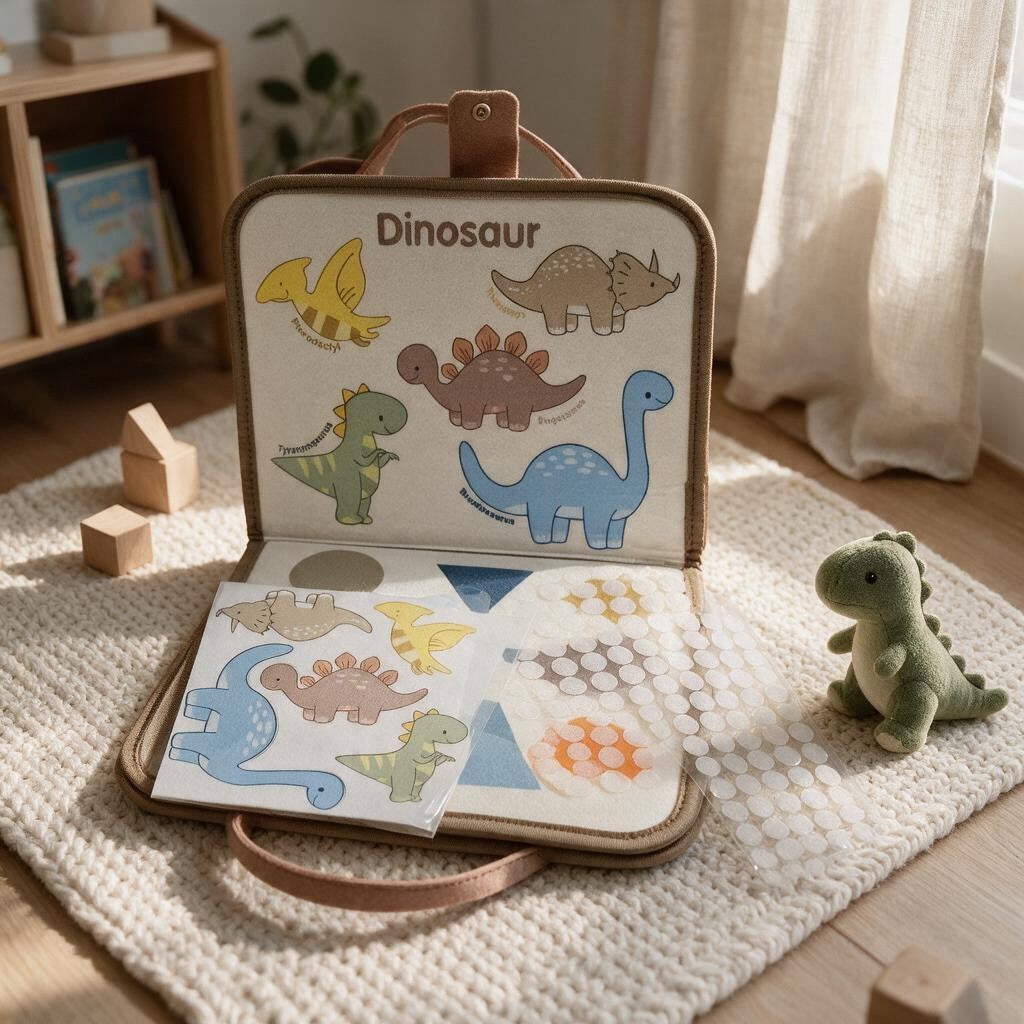 Dinosaur page with dino pictures to match and a sheet of sticker pieces beside a plush dino