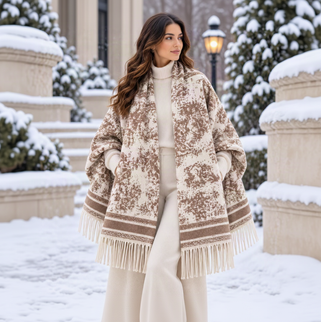 Cream blanket wrap with camel distressed print and camel striped borders worn over a cream outfit