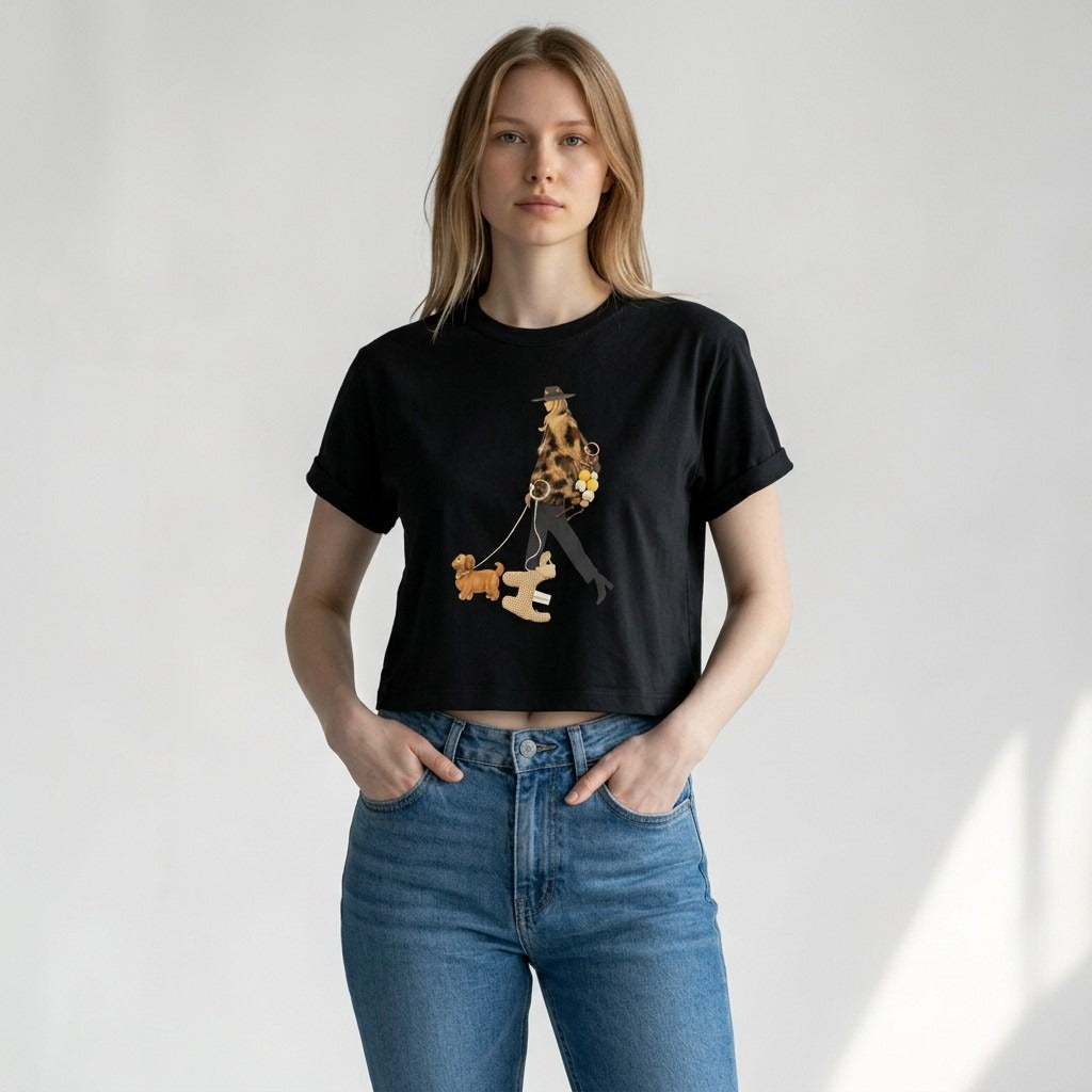 Woman in black cropped tee with dog walk fashion illustration, Jack Gifts Online Lebanon