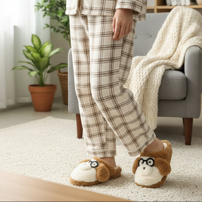 Standing in check pyjamas, dog face slippers showing the brown nose and cream muzzle