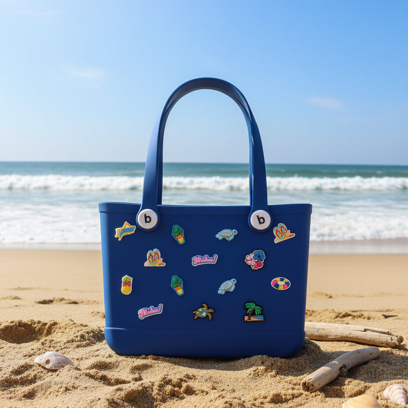 Blue silicone bag with colorful cartoon character pins held in a store setting.