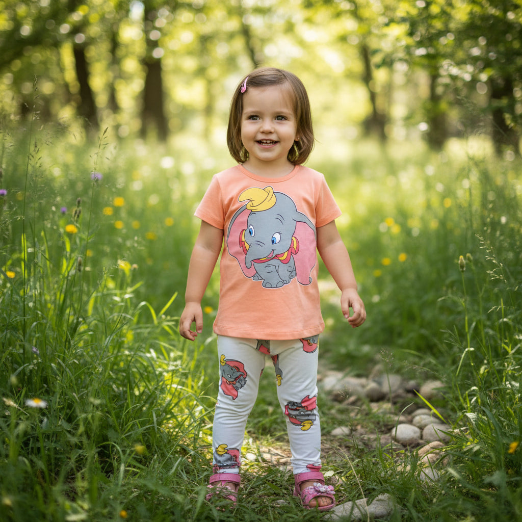 Girl outdoors wearing a peach Dumbo tee with white print leggings and pink sandals