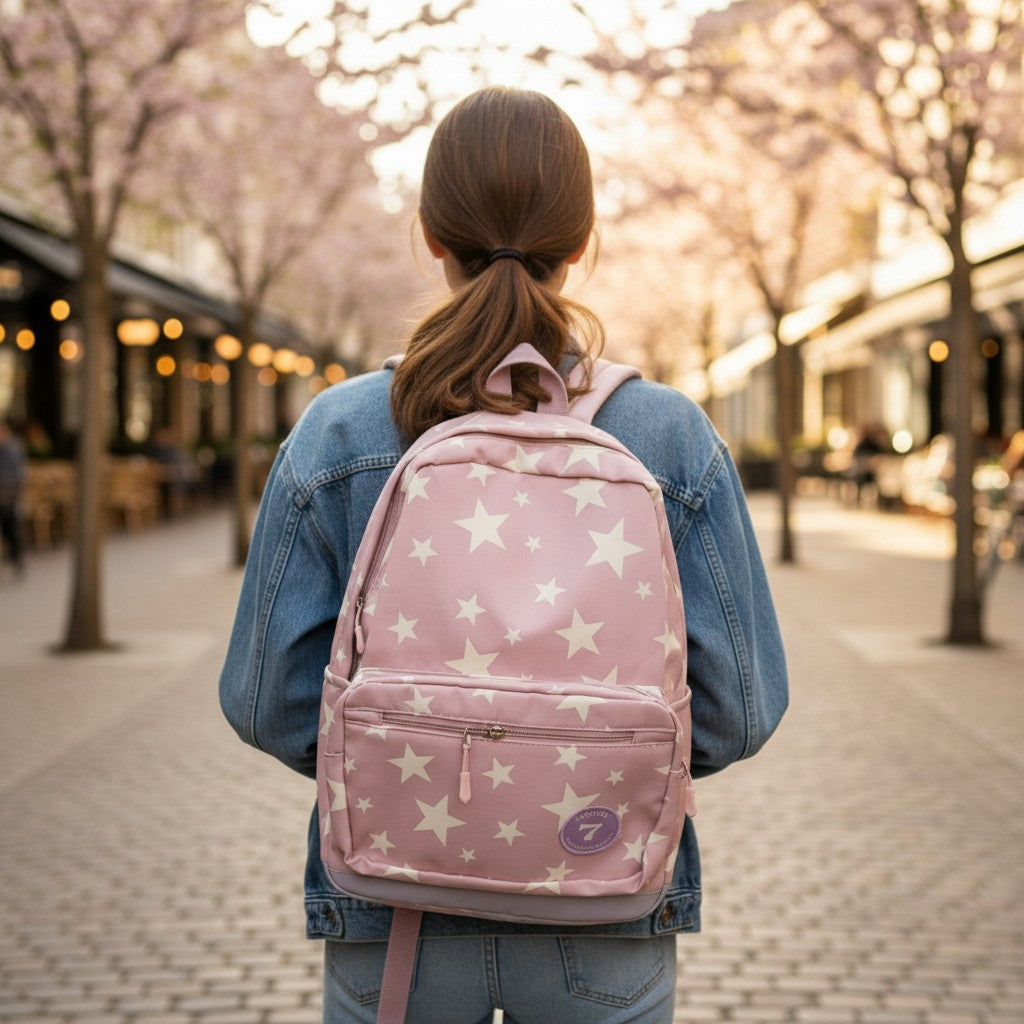 Girl wearing a dusty pink backpack with big cream stars, Jack Gifts Online Lebanon