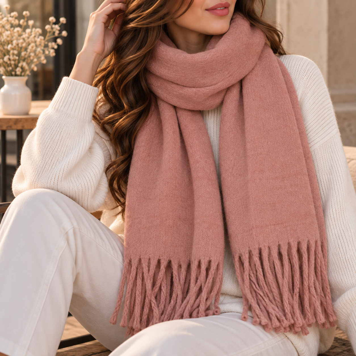 Dusty rose blanket scarf draped over a cream knit with long twisted tassels