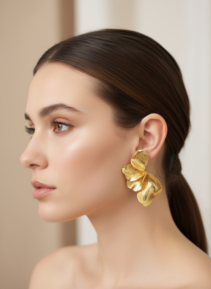 Woman wearing gold earrings with a neutral background