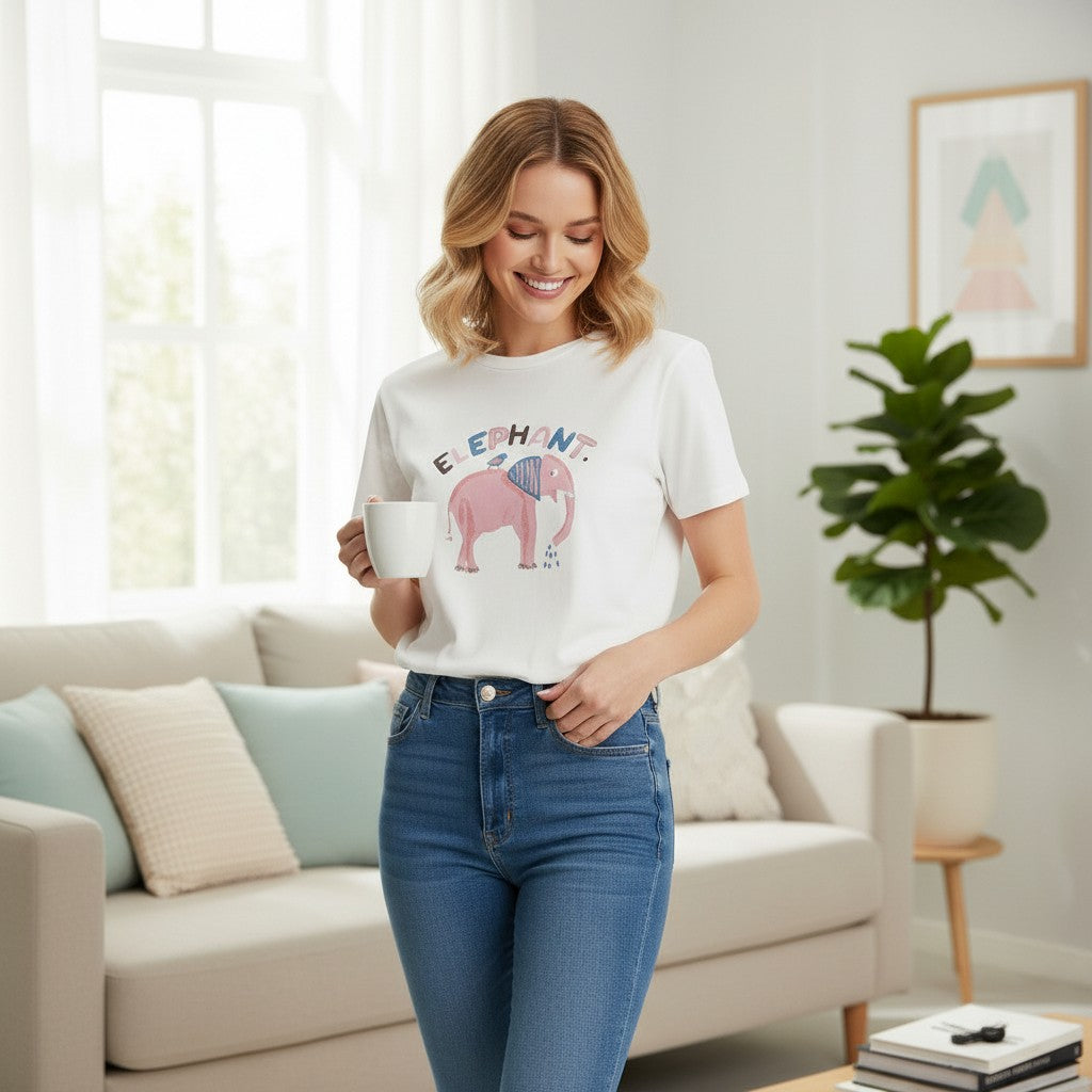 Woman in a living room wearing a white tshirt with an elephant graphic