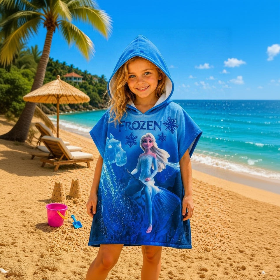 Girl wearing a blue Elsa Poncho with 'FROZEN' text on it