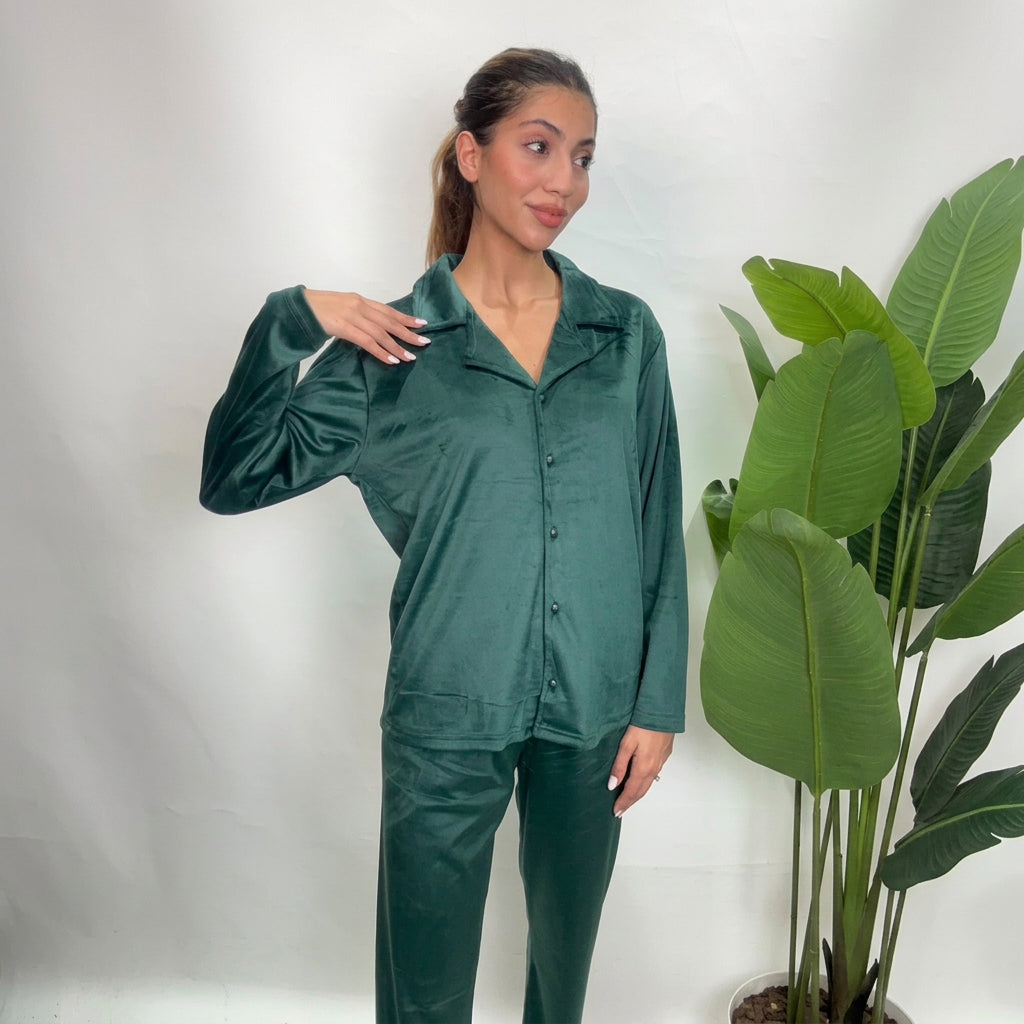 Emerald green velvet PJ shirt with a soft sheen and notch collar, worn with matching pants