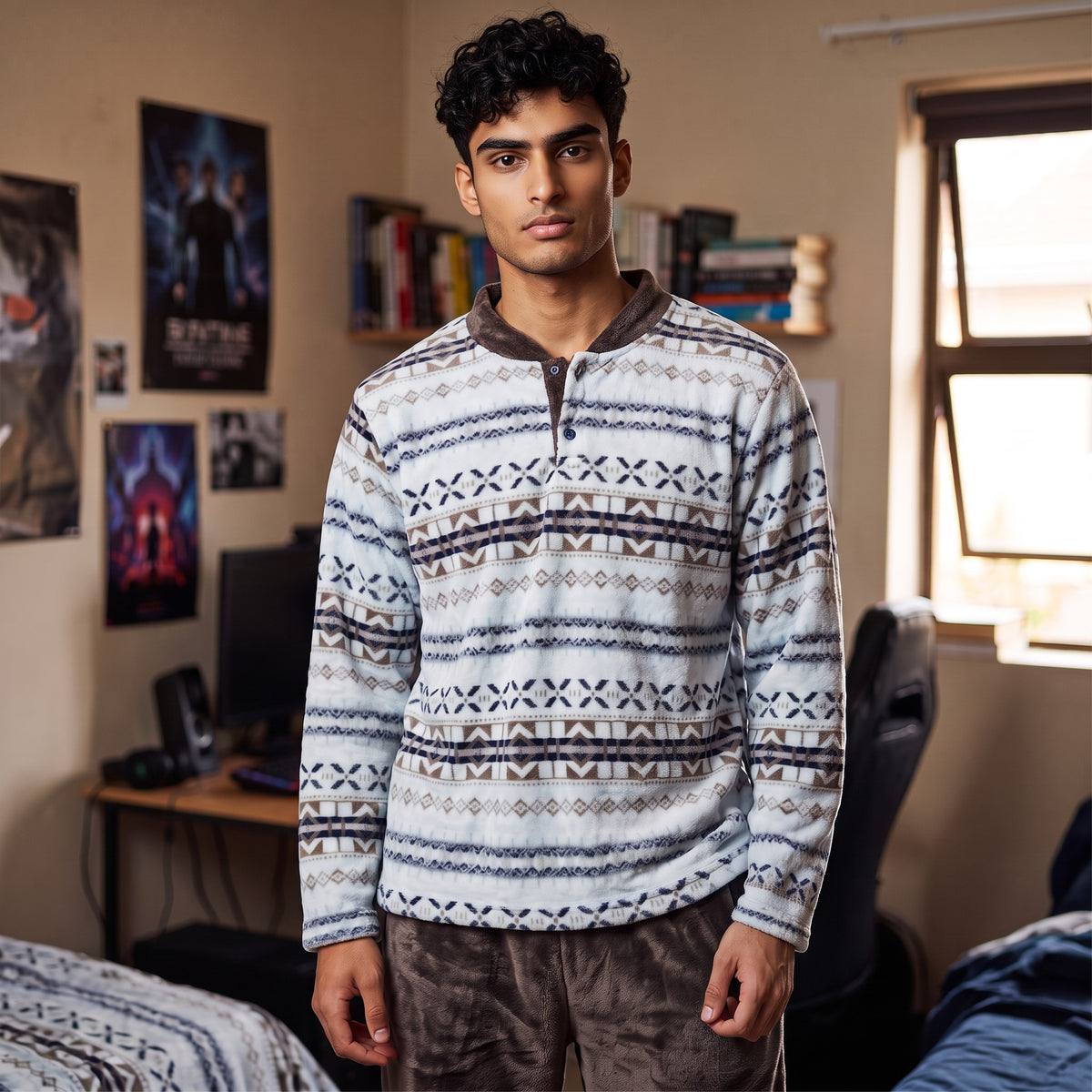 Cream fair isle patterned fleece pyjama top with navy and brown bands and brown bottoms