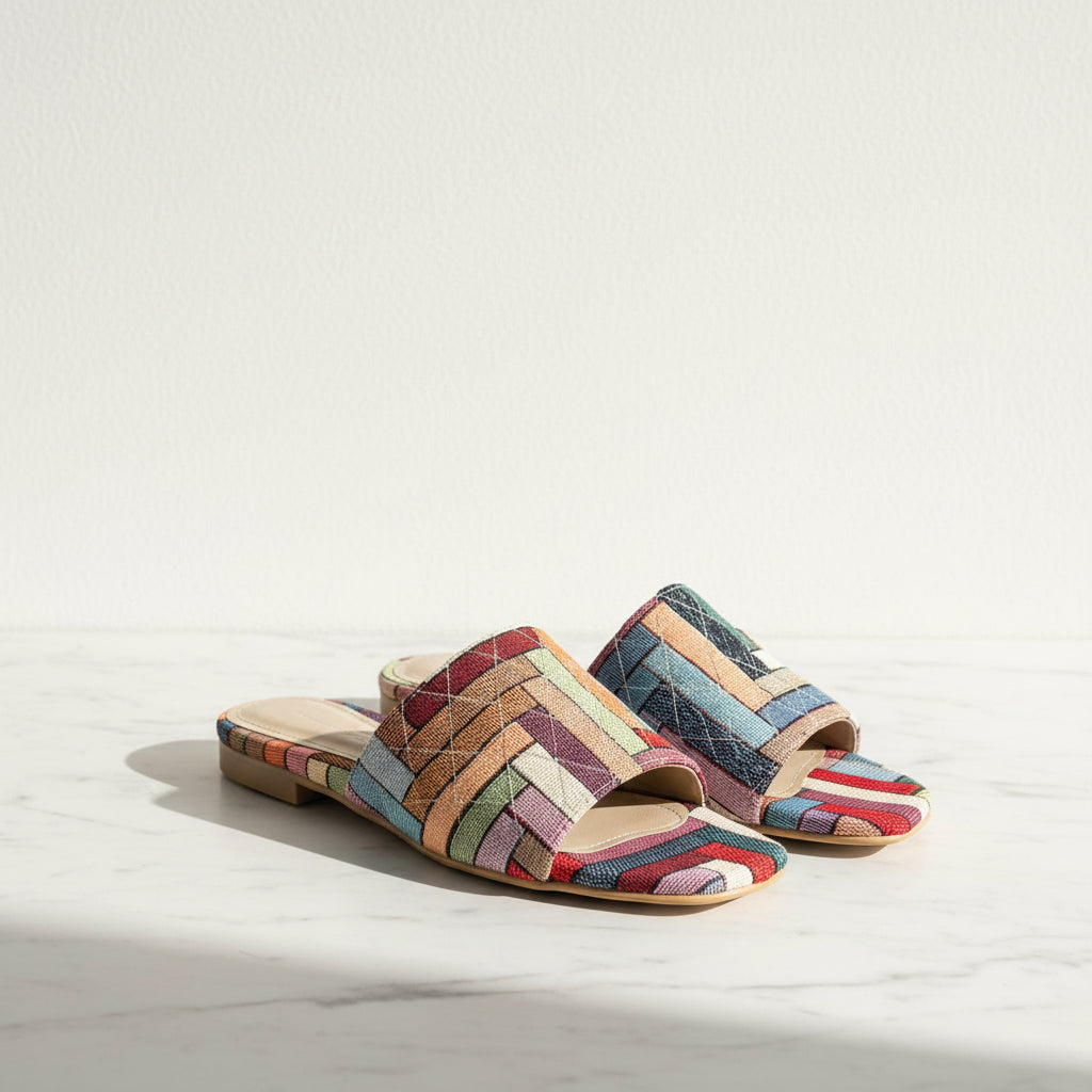 Colorful fashionable handmade slippers on a neutral backgrond