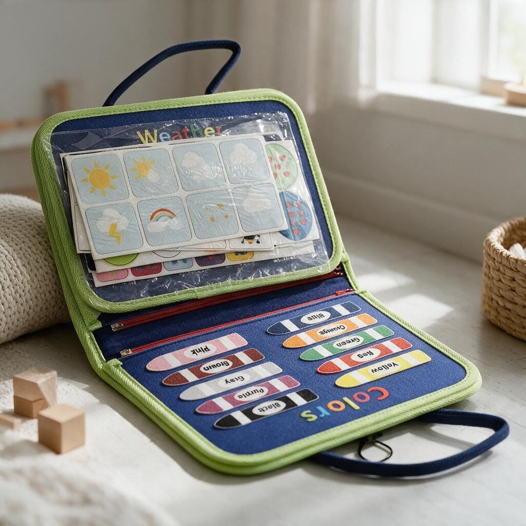 Green trimmed busy book with weather cards and colour crayon matching strips
