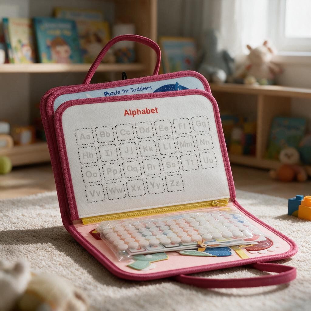 Magenta busy book open to an alphabet tracing page with sticker sheets in the zip pocket