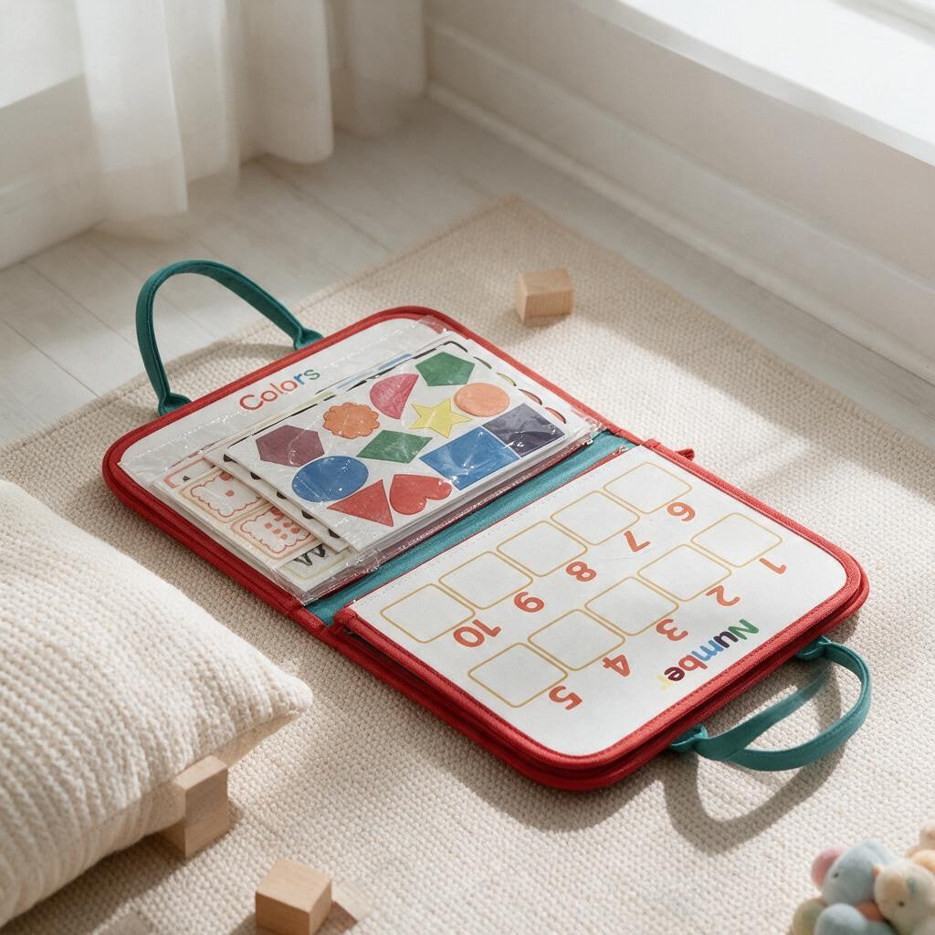 Red trimmed busy book open to colour shapes and number matching pages beside a cushion