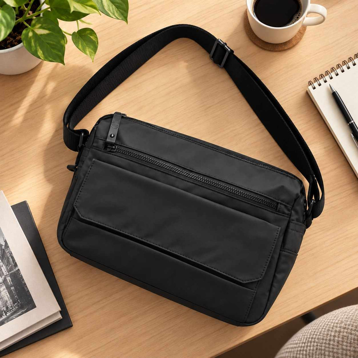 Black crossbody messenger bag with a flap pocket and long zip laid on a desk beside a notebook