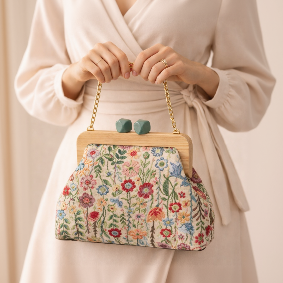 Wildflower tapestry bag dangling from its chain in front of a pale pink dress