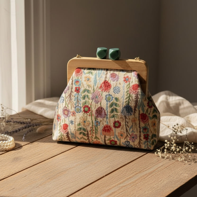 Wildflower print handbag on a rustic wooden table with dried lavender