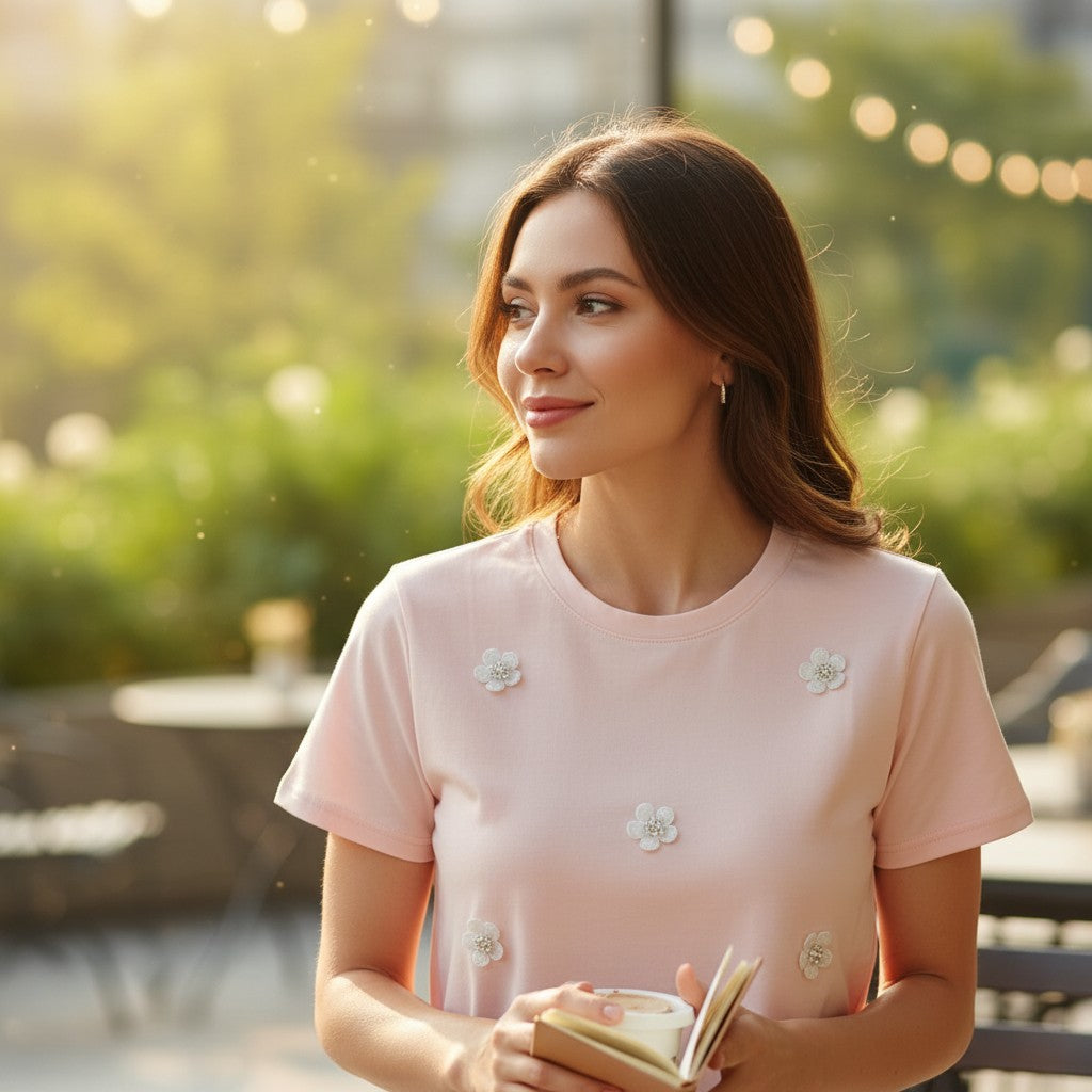 Pink 3D flower applique women's t-shirt