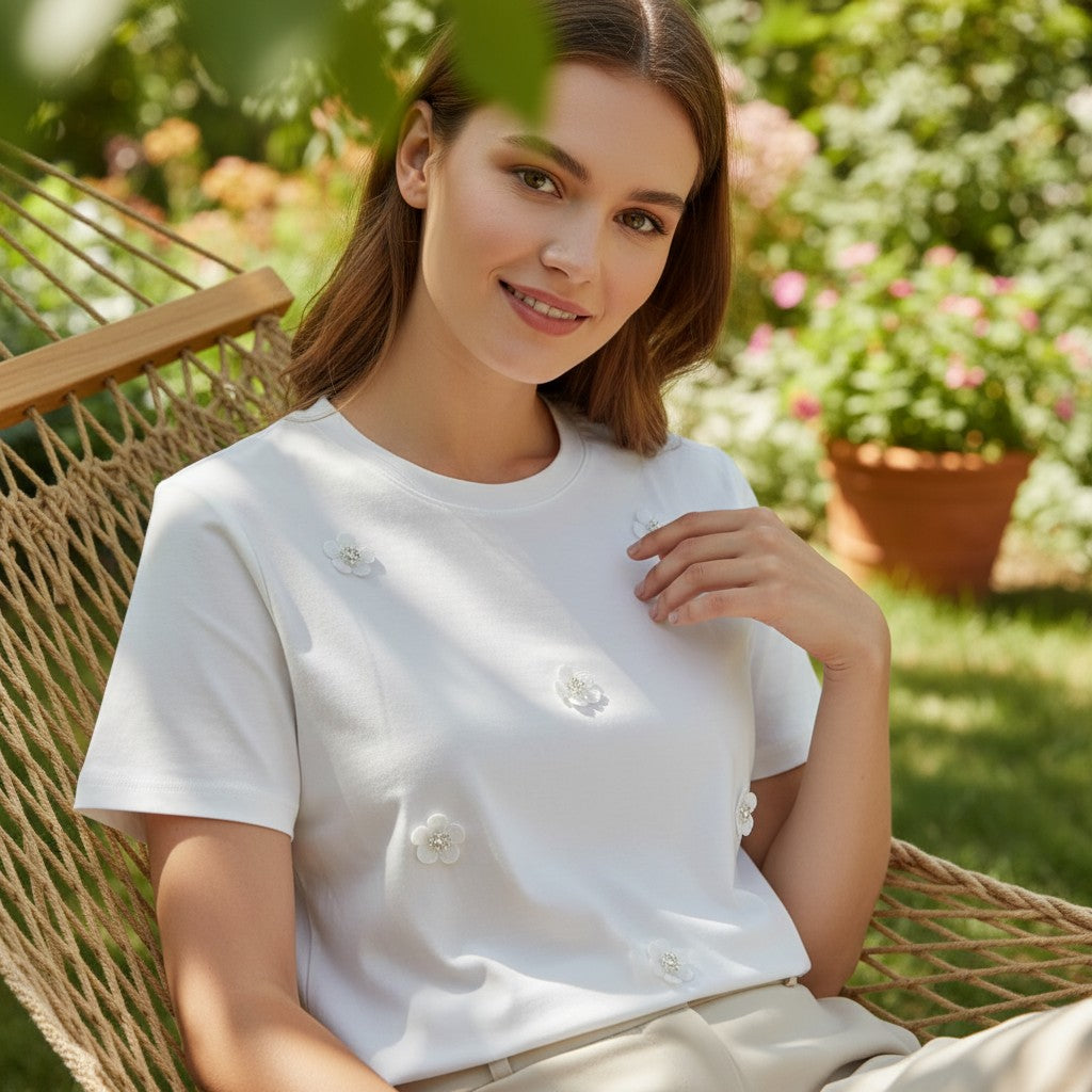 White 3D flower applique women's t-shirt