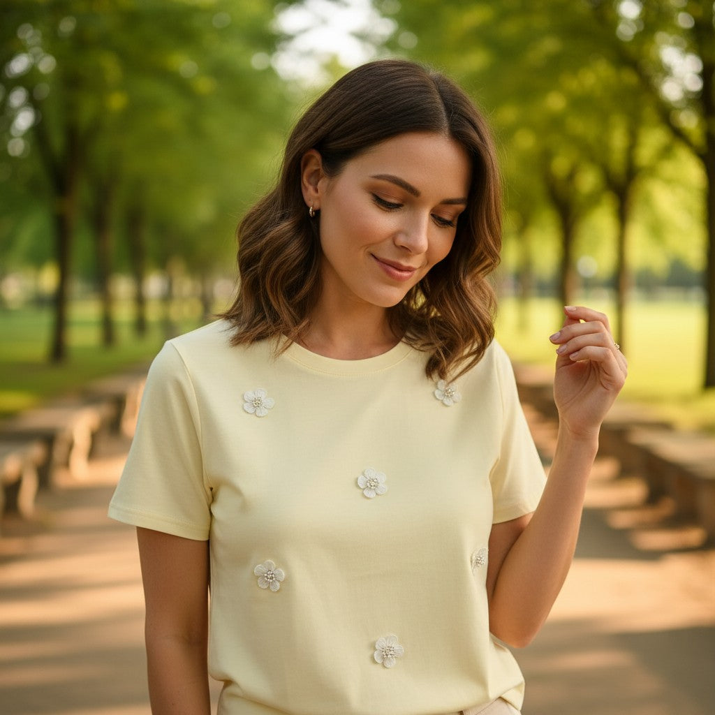Yellow 3D flower applique women's t-shirt