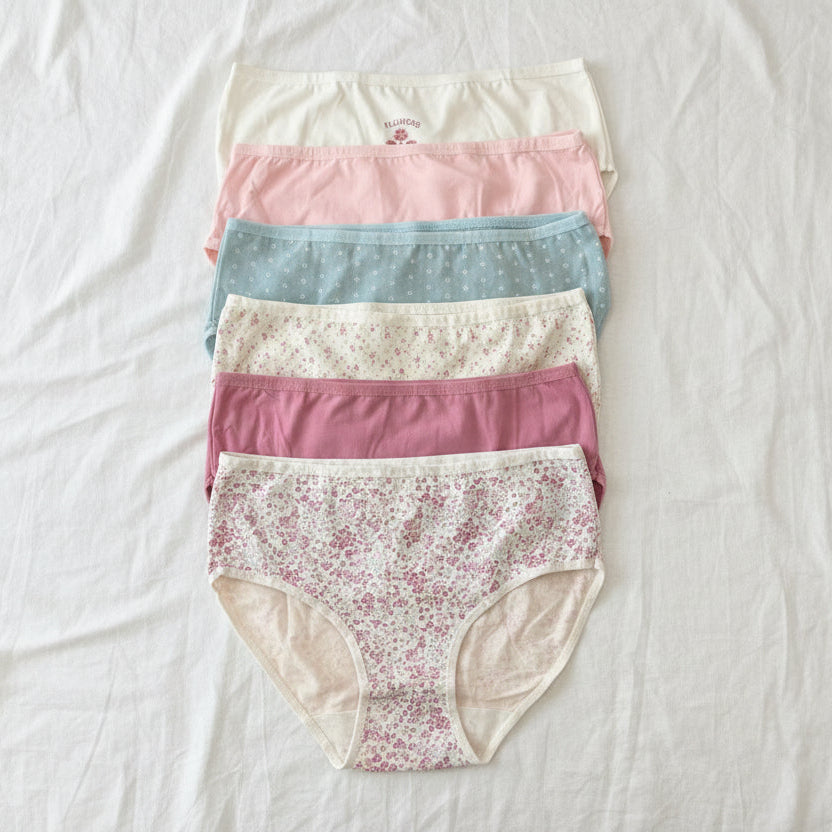 Women's pastel cotton briefs in pink, blue, lilac and cream floral prints