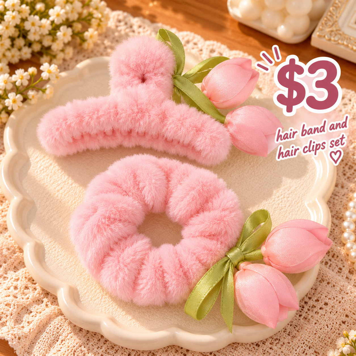 Light pink fluffy claw clip and scrunchie with pink tulip buds and a green ribbon bow