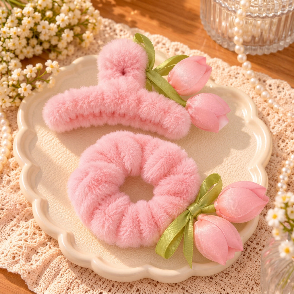 Light pink fluffy claw clip and scrunchie with pink tulip buds and a green ribbon bow