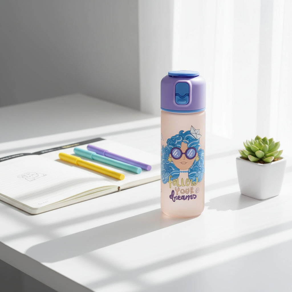 Blush water bottle with a lavender flip lid and a blue haired girl in sunglasses