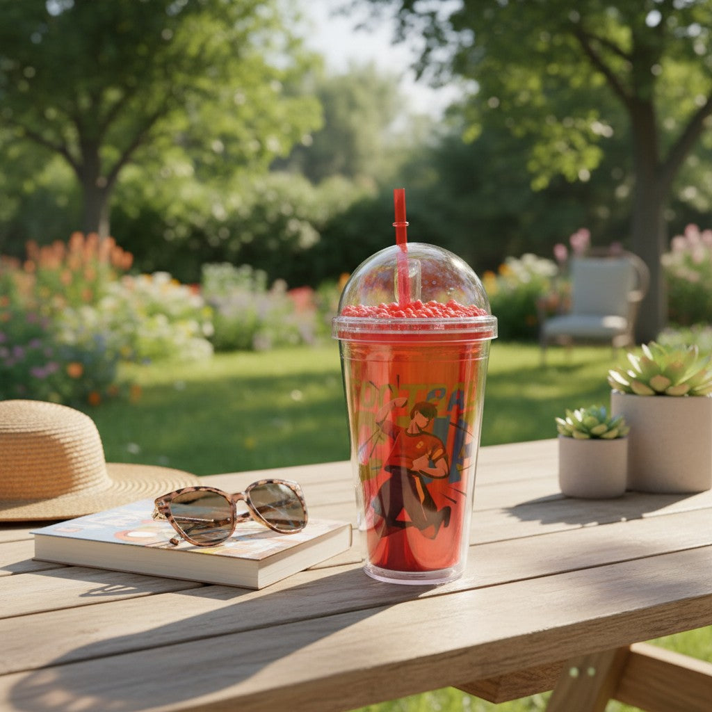 Red football cup with straw and floating bead dome lid