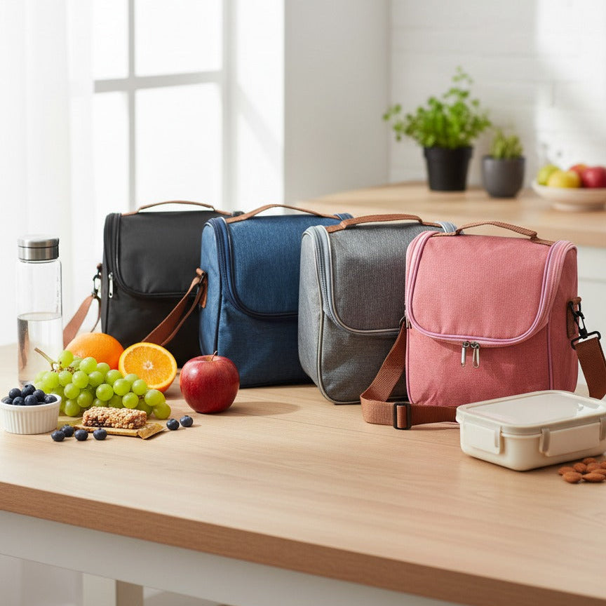 Four colorful lunch bags on a wooden table with fruits and snacks