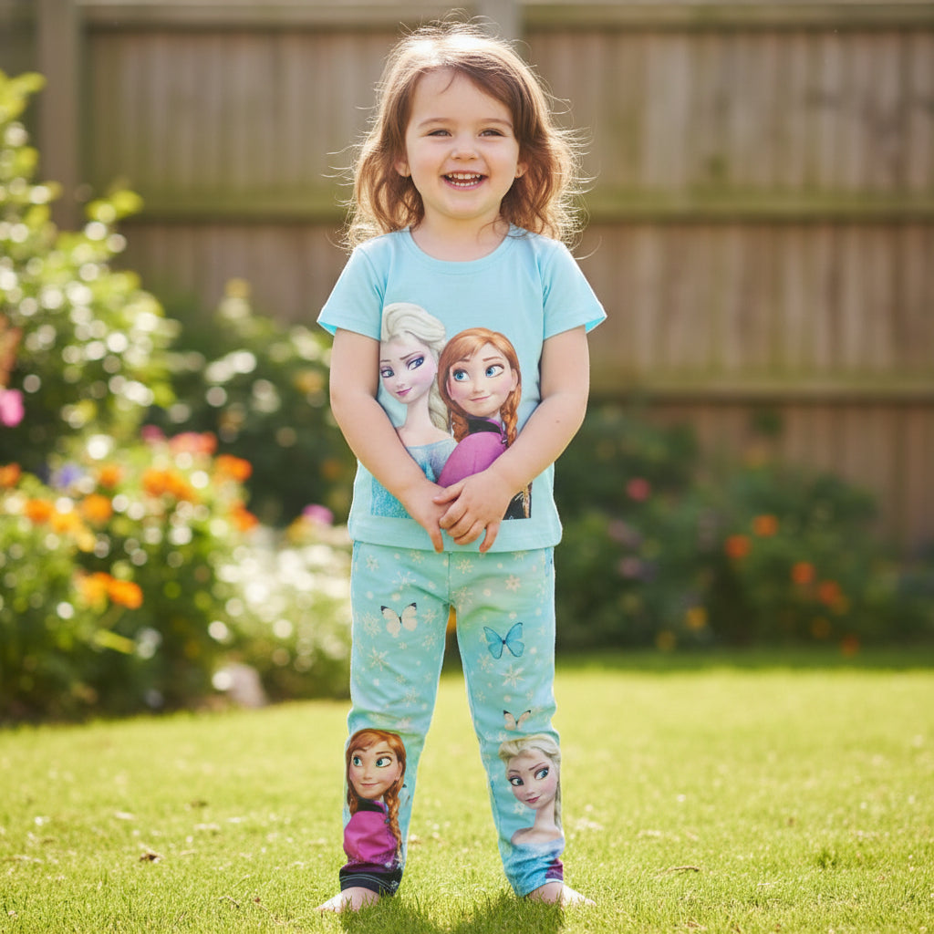 Girls blue Elsa and Anna set, short sleeve top and matching printed leggings in a garden
