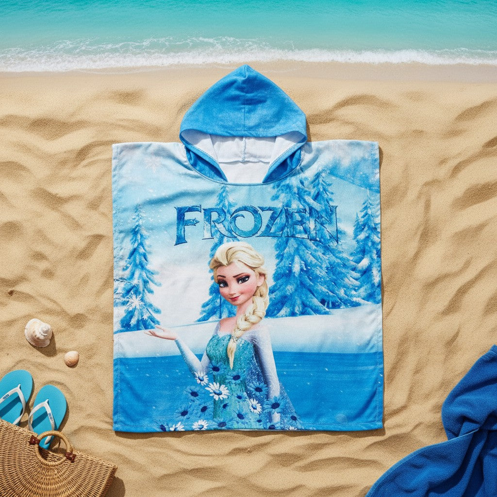 Blue Frozen Elsa snowflake hooded towel poncho for kids