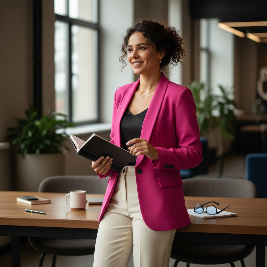 Woman in a fuchsia blazer holding a book in an office setting
