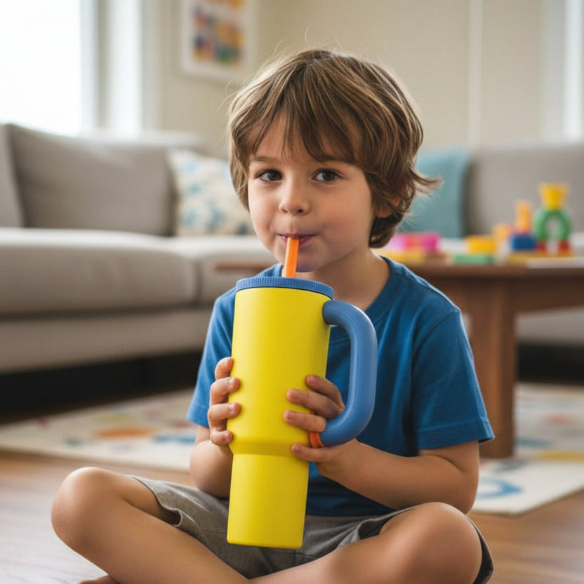 Boy holding a yellow tumbler with a royal blue lid and handle and an orange straw