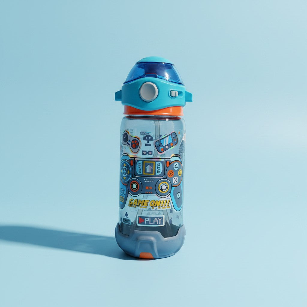 Kids clear gamer water bottle with game controller print and blue flip straw lid