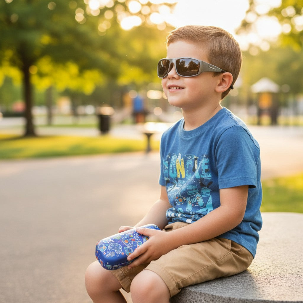 Boy wearing silver sport sunglasses with a blue gaming print case, Jack Gifts Online Lebanon
