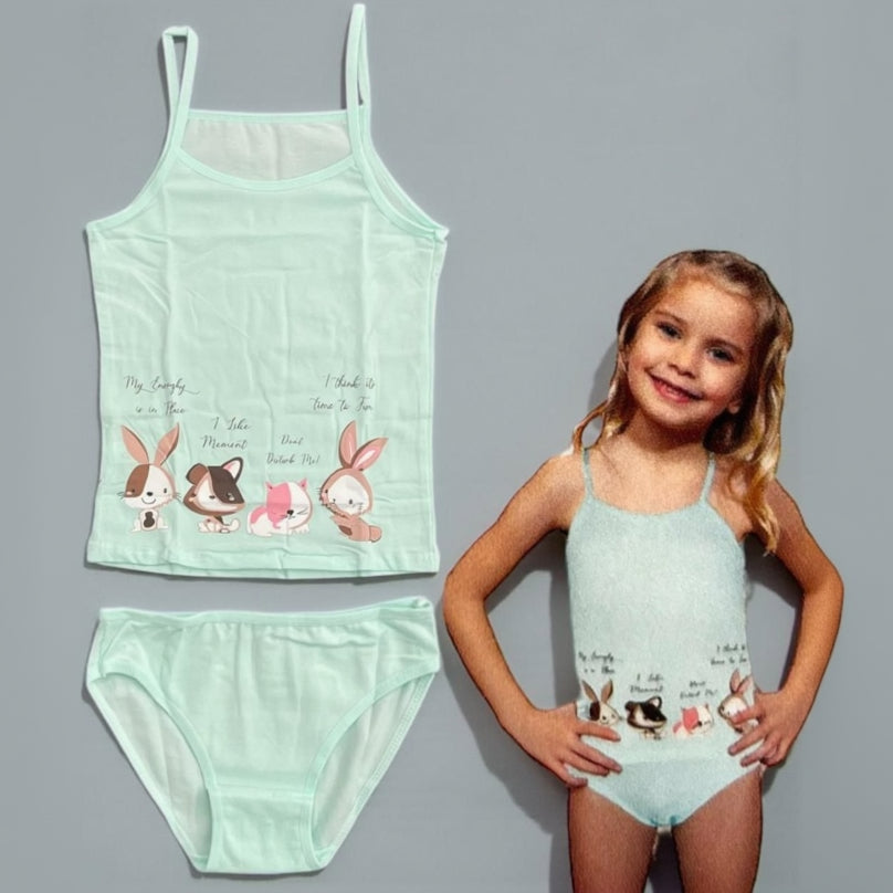 Girls mint cotton camisole and briefs set with bunny and puppy print