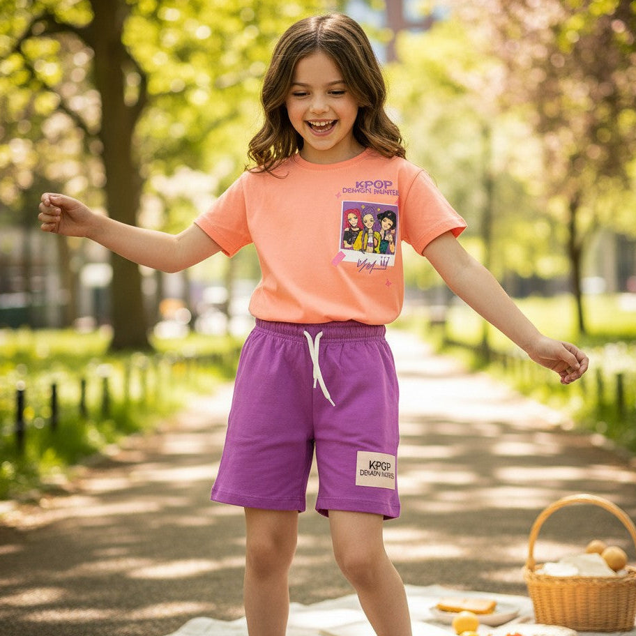 Child in a park wearing an orange t-shirt with a graphic design and purple shorts, standing next to a picnic setup.