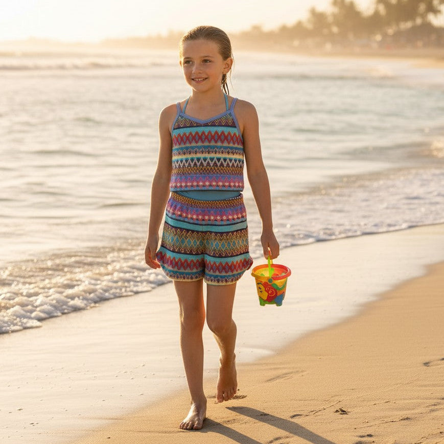 Young girl in a colorful swimsuit walking on a beach with a bucket.