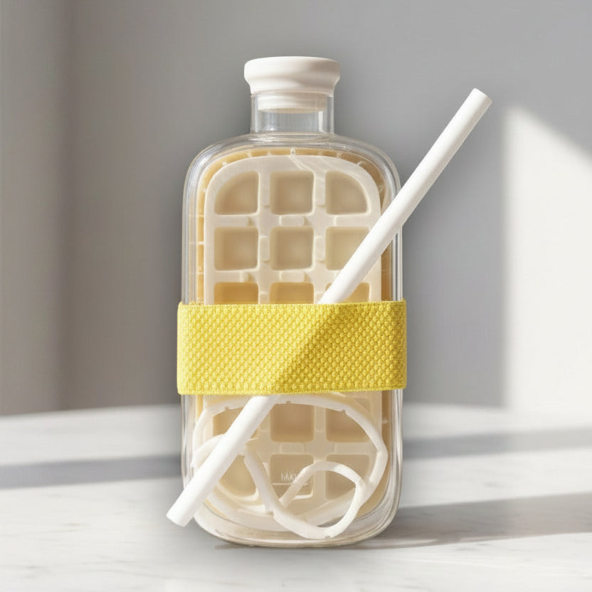 Clear glass drink bottle with a yellow silicone sleeve, white straw and cream chiller insert