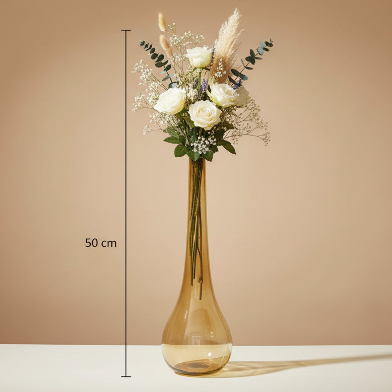 The middle amber teardrop holding roses, lavender and pampas, marked 50 cm