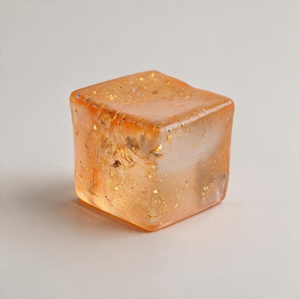 Orange glitter jelly cube squishy with gold flakes on a white background