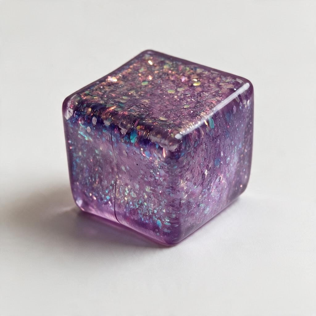 Purple glitter jelly cube squishy packed with holographic sparkles