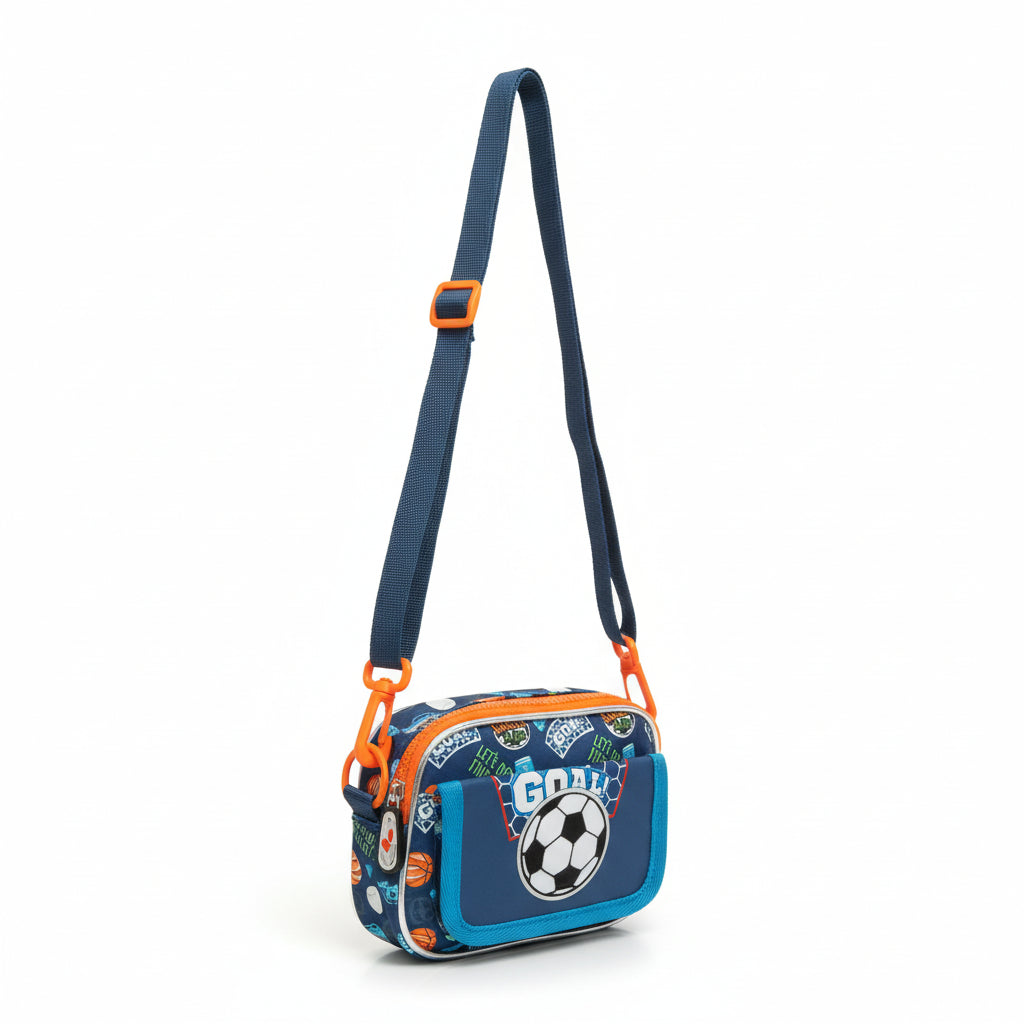 Blue soccer cross body bag with a white football patch, Goal print and adjustable navy strap