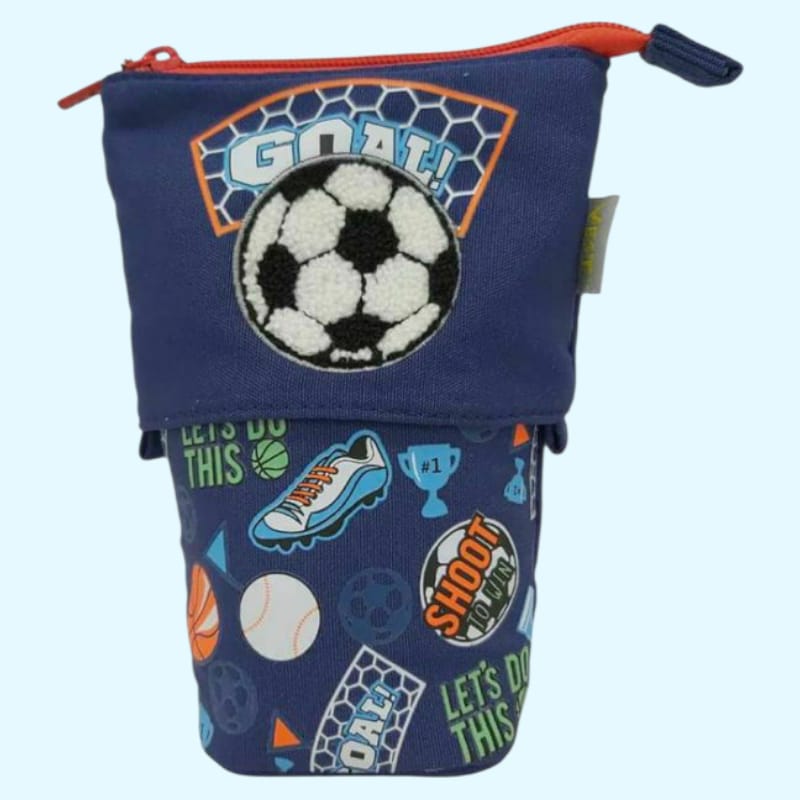 Blue pouch with sports-themed design featuring a soccer ball and text on a light blue background