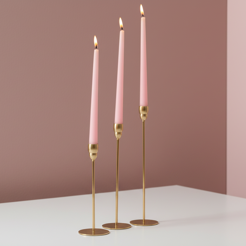 Pencil thin gold rods on flat disc feet carrying three lit soft pink tapers