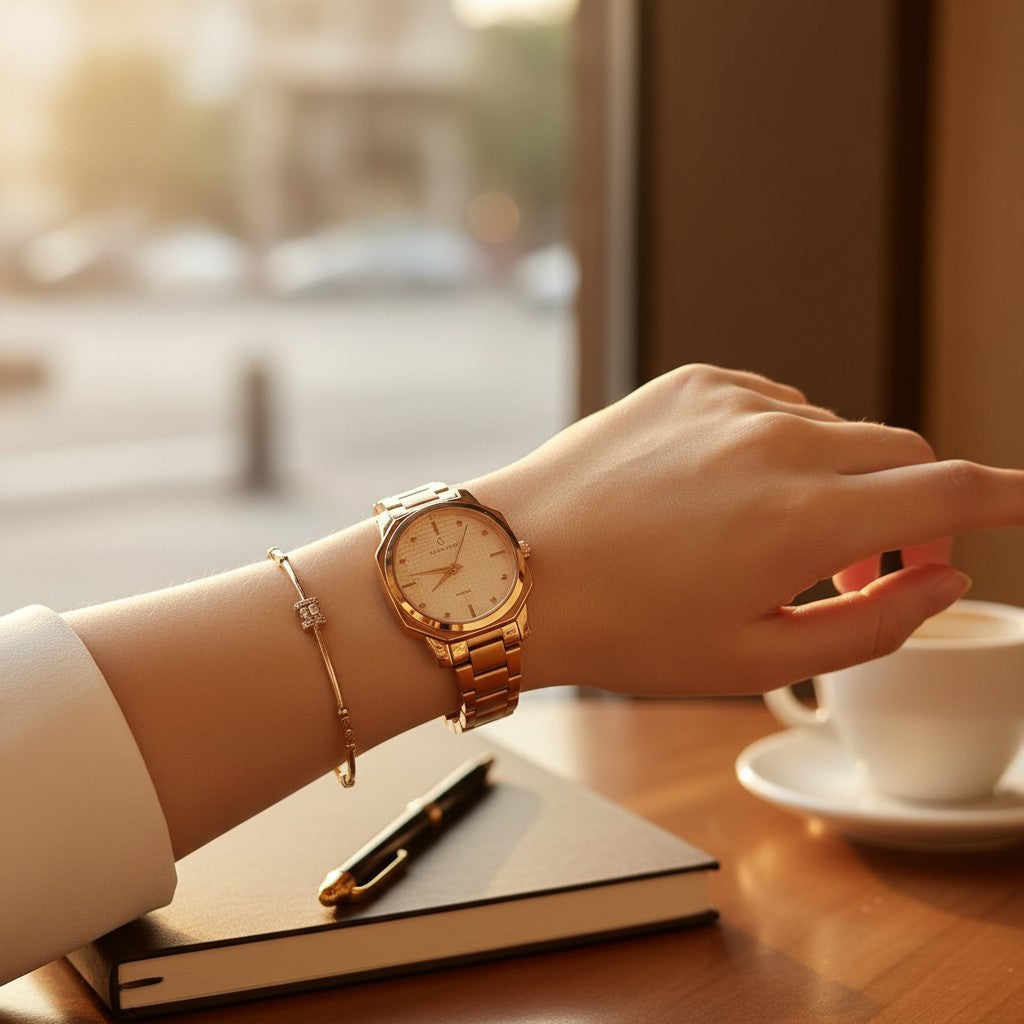 Women's gold watch with textured champagne dial and octagonal case, Jack Gifts Online Lebanon