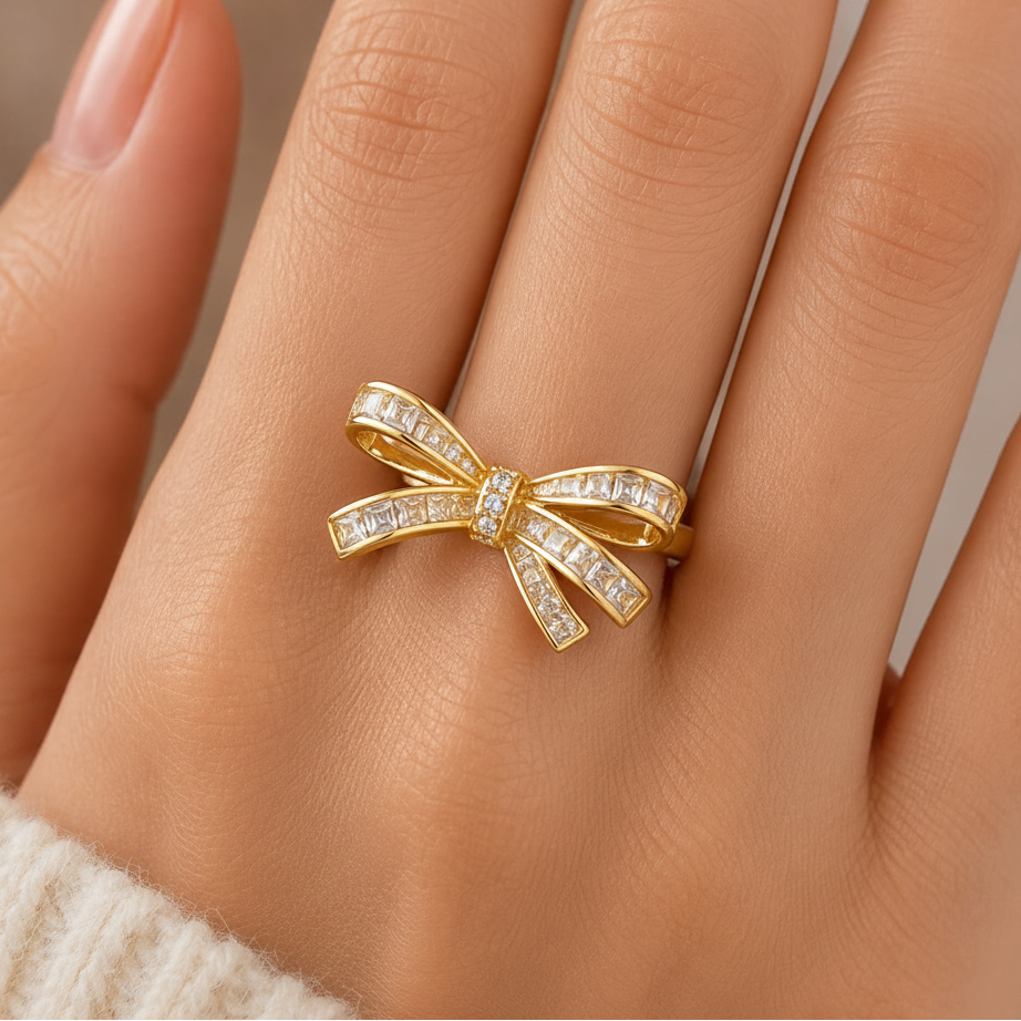 Gold baguette crystal bow ring with pave knot centre, Jack Gifts Online Lebanon