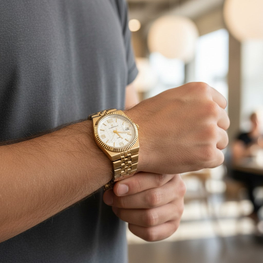 Men's gold tone fluted bezel watch with link bracelet, Jack Gifts Online Lebanon