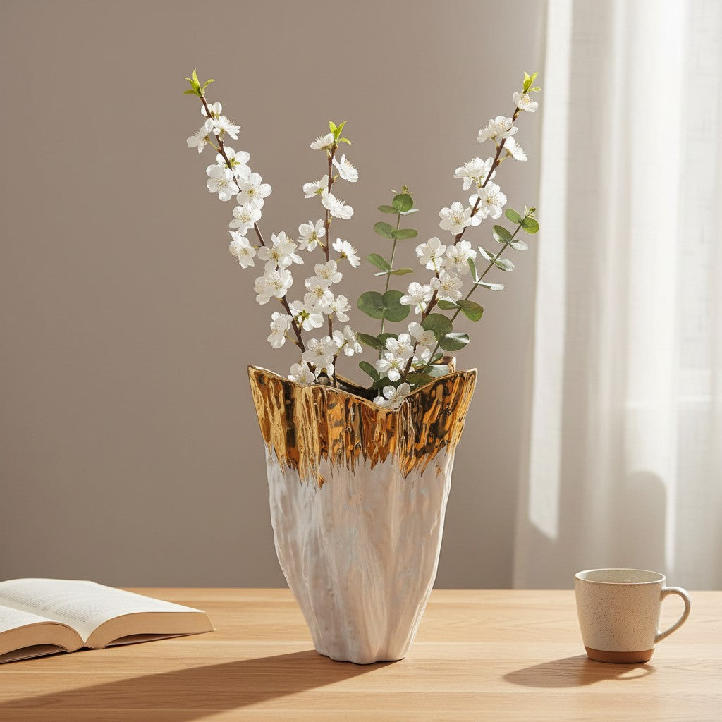 The gold dipped vase with white blossom branches beside an open book and a mug