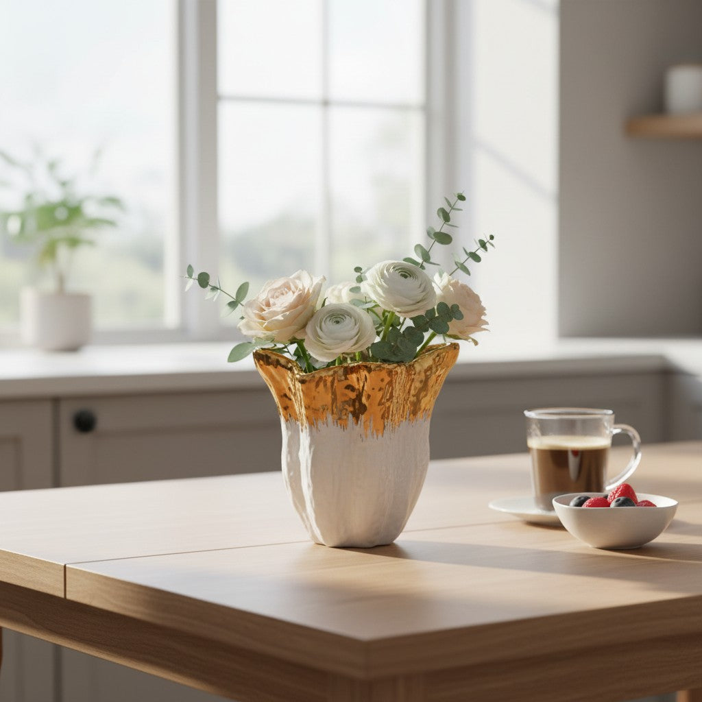 White textured vase dipped in dripping gold, holding cream roses in a bright kitchen